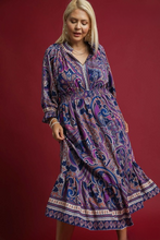 Load image into Gallery viewer, Hazel Purple and Indigo Paisley Midi Dress