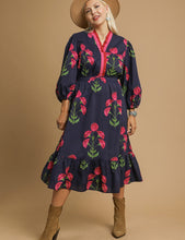 Load image into Gallery viewer, Madelyn Navy Floral Ruffle Trim Midi Dress