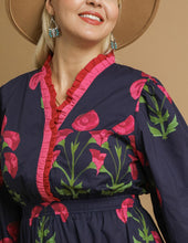 Load image into Gallery viewer, Madelyn Navy Floral Ruffle Trim Midi Dress