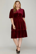 Load image into Gallery viewer, Delilah Bell Sleeve Pintuck Velvet Dress