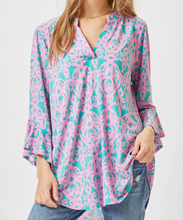 Load image into Gallery viewer, Faith Wrinkle Free Mint and Pink Bell Sleeve Top