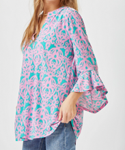 Load image into Gallery viewer, Faith Wrinkle Free Mint and Pink Bell Sleeve Top