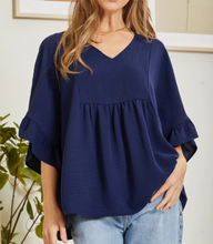 Load image into Gallery viewer, Sonja Ruffle Sleeve Babydoll Top in Navy