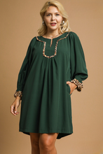 Load image into Gallery viewer, Tori Tunic Dress with Leopard Trim Accents in Palm Green