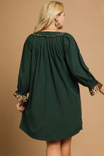 Load image into Gallery viewer, Tori Tunic Dress with Leopard Trim Accents in Palm Green