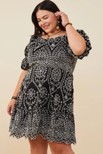 Load image into Gallery viewer, Bethany Eyelet Embroidered Puff Sleeve Scallop Hem Dress