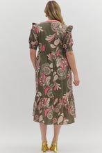 Load image into Gallery viewer, Eliana Olive and Pink Paisley Midi Dress