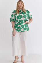 Load image into Gallery viewer, Poppy Floral Mock Neck Puff Sleeve Top in Green - FINAL SALE