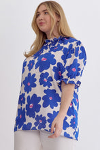 Load image into Gallery viewer, Poppy Floral Mock Neck Puff Sleeve Top in Royal Blue - FINAL SALE