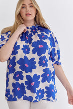 Load image into Gallery viewer, Poppy Floral Mock Neck Puff Sleeve Top in Royal Blue - FINAL SALE