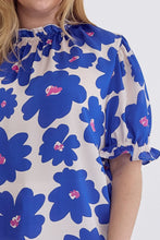 Load image into Gallery viewer, Poppy Floral Mock Neck Puff Sleeve Top in Royal Blue - FINAL SALE