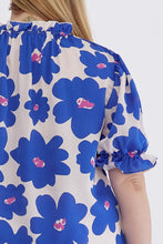 Load image into Gallery viewer, Poppy Floral Mock Neck Puff Sleeve Top in Royal Blue - FINAL SALE