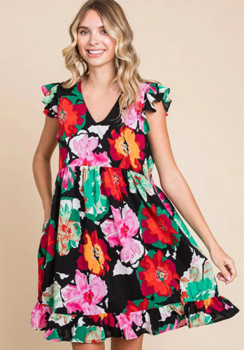 Lucille Black Mixed Floral Ruffle Sleeve Dress