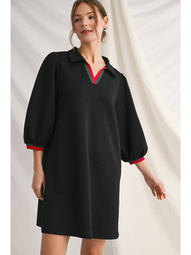 Aggie Textured Collared Dress with Striped Trim