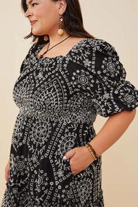Bethany Eyelet Embroidered Puff Sleeve Scallop Hem Dress
