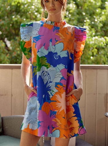 Leigh Floral Ruffle Dress in Royal