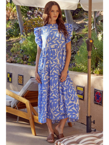 Candace Blue Tiered Abstract Print Dress