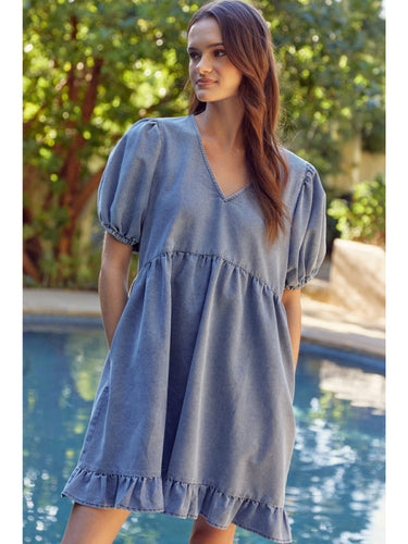 Trina V-Neck Ruffle Denim Dress