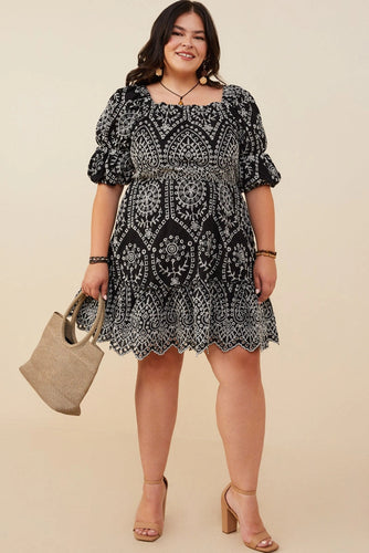 Bethany Eyelet Embroidered Puff Sleeve Scallop Hem Dress