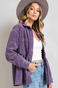 Restocked! Kara Mineral Washed Corduroy Button Down Top in Purple