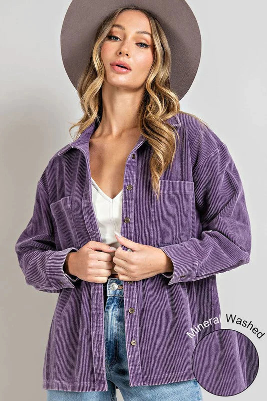 Restocked! Kara Mineral Washed Corduroy Button Down Top in Purple
