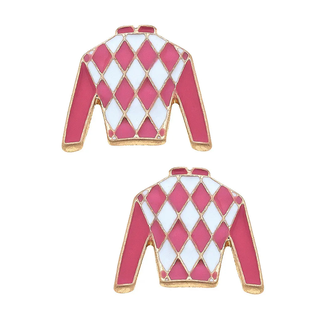 Timberlake Jockey Silk Enamel Stud Earrings in Pink & White