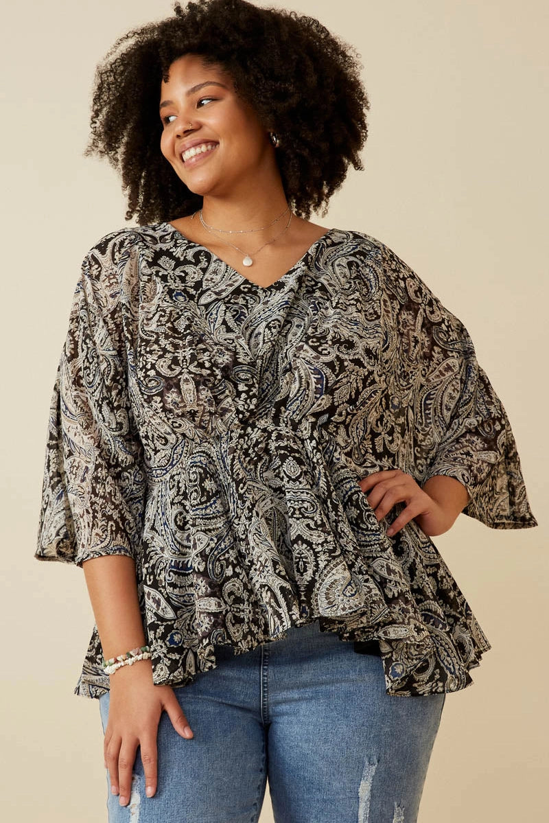 Ophelia Paisley Print Dolman Peplum Top
