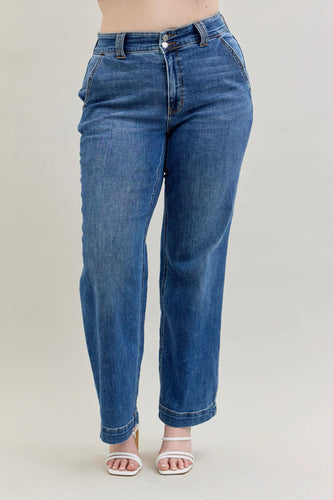 High Rise Double Button Wide Leg Jeans