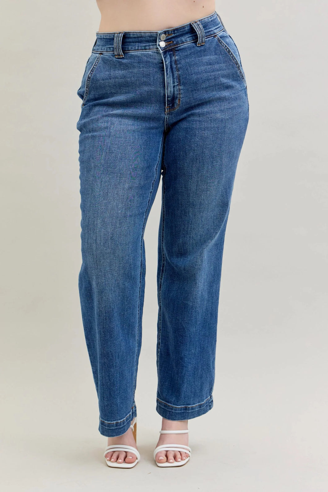High Rise Double Button Wide Leg Jeans