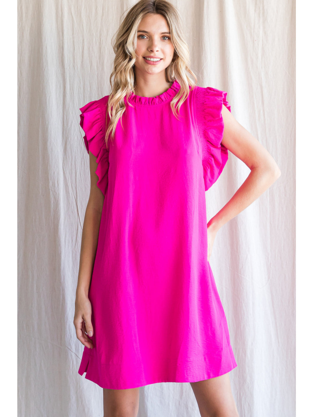 Lauren Ruffle Sleeve Shift Dress in Hot Pink