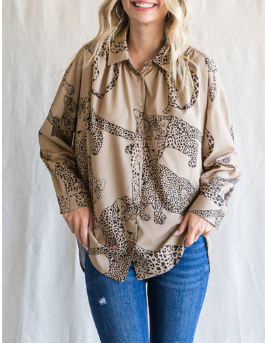 Tori Animal Print Button Down Top in Taupe