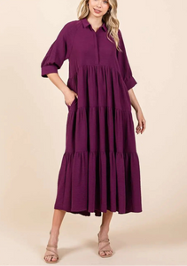 Edie Magenta Collared Tiered Dress