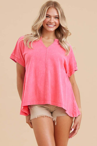 Toni Split Neck Cotton Top in Fuchsia