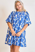 Load image into Gallery viewer, Ciara Puff Sleeve Abstract Print Dress in Cerulean