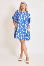 Load image into Gallery viewer, Ciara Puff Sleeve Abstract Print Dress in Cerulean