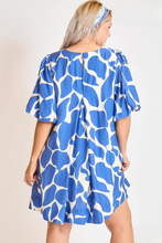 Load image into Gallery viewer, Ciara Puff Sleeve Abstract Print Dress in Cerulean