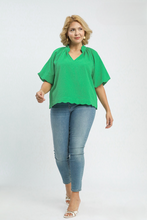 Load image into Gallery viewer, Kayce Puff Sleeve Scallop Trim Top in Green
