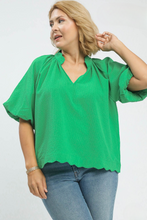 Load image into Gallery viewer, Kayce Puff Sleeve Scallop Trim Top in Green