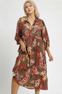 Layla Abstract Print Puff Sleeve Midi Dress in Brown