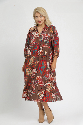 Layla Abstract Print Puff Sleeve Midi Dress in Brown