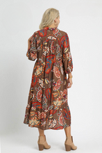 Load image into Gallery viewer, Layla Abstract Print Puff Sleeve Midi Dress in Brown