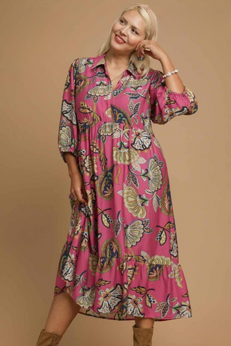 Layla Abstract Print Puff Sleeve Midi Dress in Mulberry