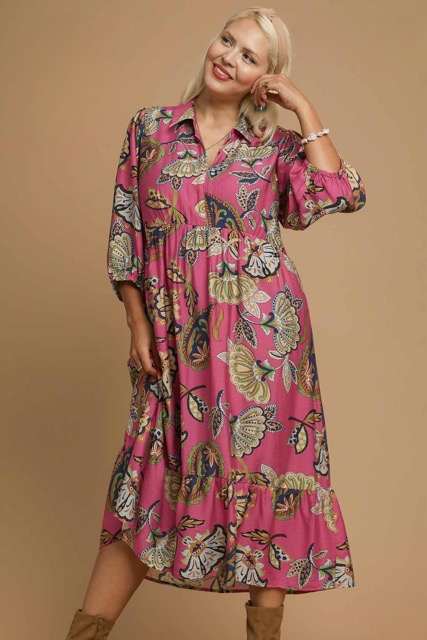 Layla Abstract Print Puff Sleeve Midi Dress in Mulberry