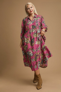 Layla Abstract Print Puff Sleeve Midi Dress in Mulberry