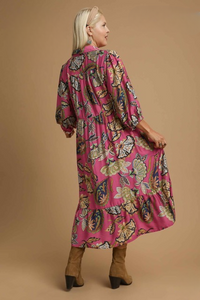 Layla Abstract Print Puff Sleeve Midi Dress in Mulberry