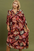 Load image into Gallery viewer, Layla Abstract Print Puff Sleeve Midi Dress in Burgundy