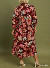 Load image into Gallery viewer, Layla Abstract Print Puff Sleeve Midi Dress in Burgundy