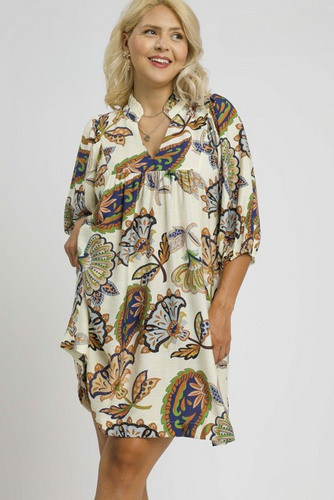 Maggie Abstract Print Puff Sleeve Dress in Cream