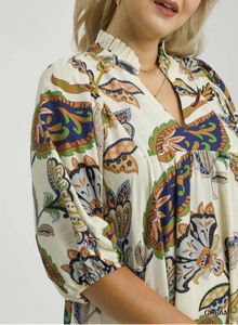 Maggie Abstract Print Puff Sleeve Dress in Cream