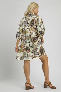 Maggie Abstract Print Puff Sleeve Dress in Cream